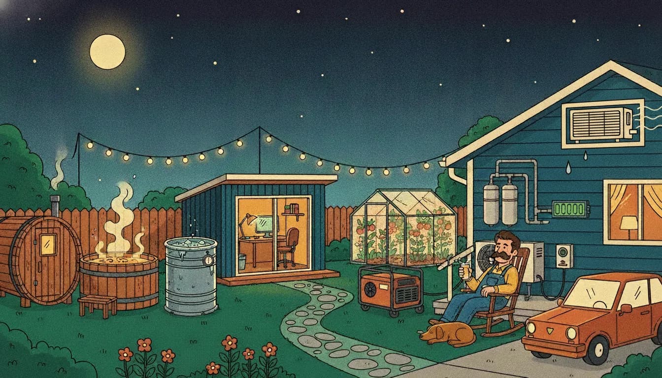 Illustrated evening backyard with a sauna, hot tub, cold plunge, greenhouse, office pod, generator, home battery, heat pump, EV charger, water filter, a window air conditioner and a rocking chair under string lights